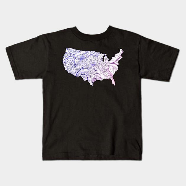 Colorful mandala art map of the United States of America in blue and violet on white background Kids T-Shirt by Happy Citizen